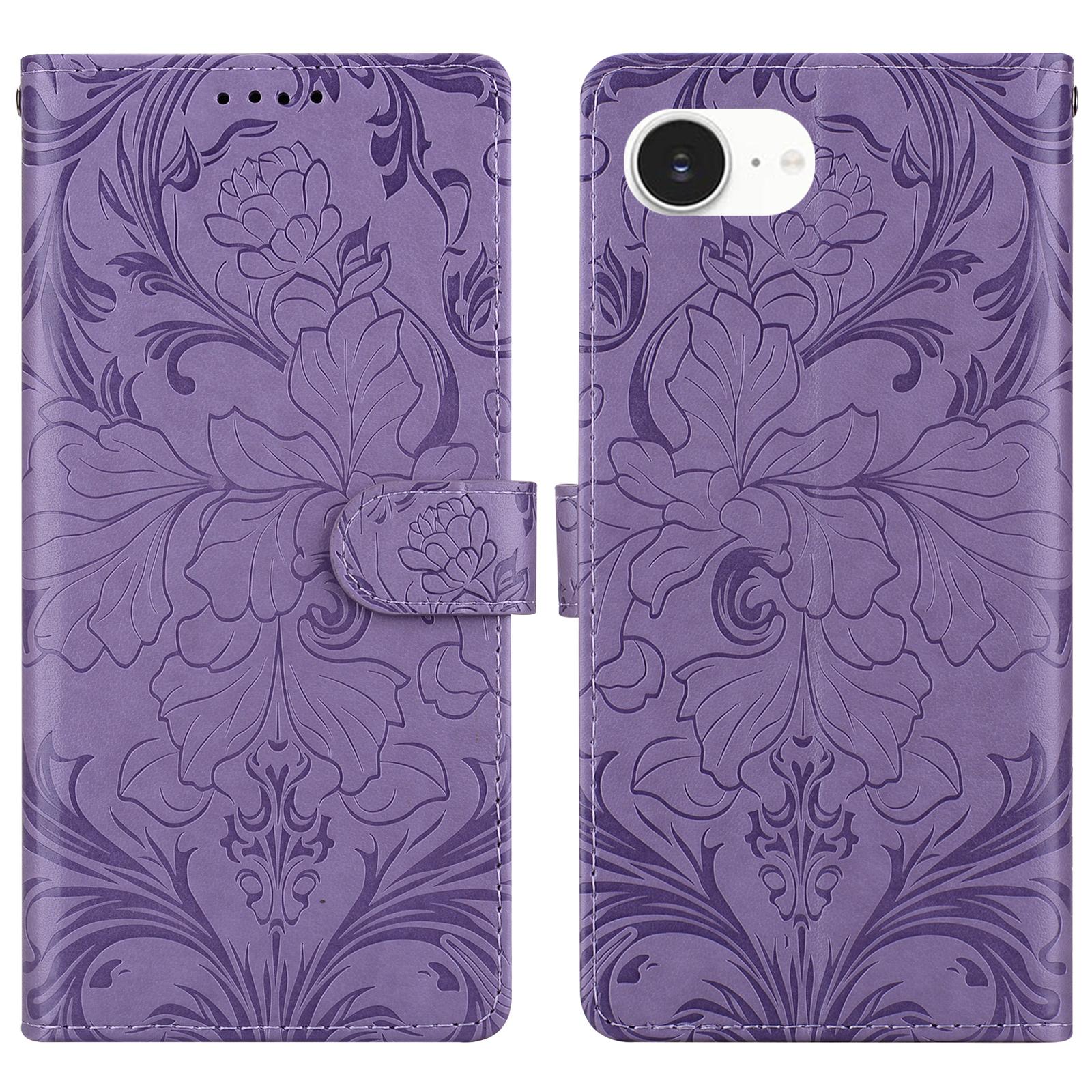 

For iPhone 16e Leather Case Imprinted Floral Pattern Wallet Stand Flip Phone Cover Purple