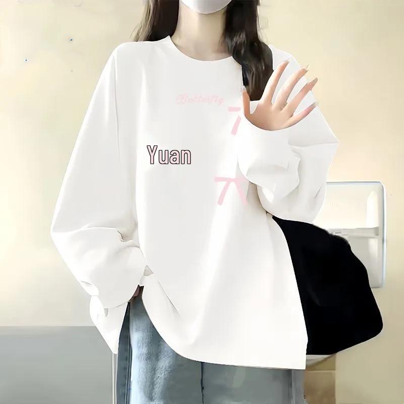 Tricou de damă cu mânecă lungă din bumbac în stil coreean - Croială largă, Gât rotund, Perfect pentru primăvară și toamnă