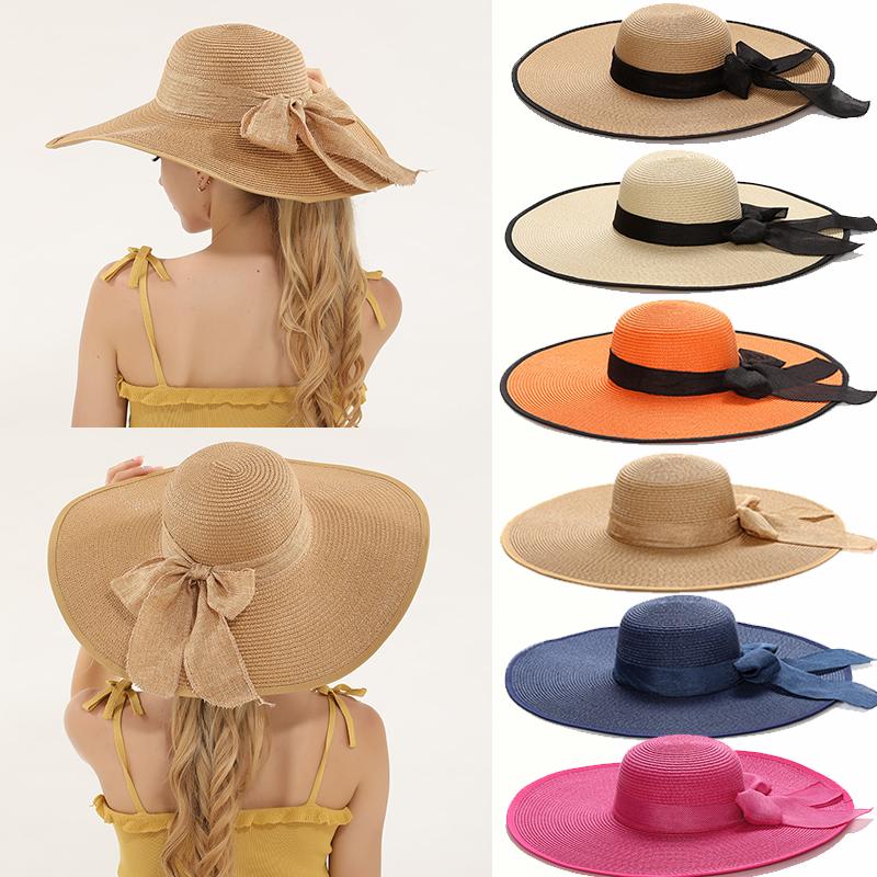 Garden Supplies My Women's Rose Red 15Cm Wide Brim Beach Straw Hats For Simple Foldable Summer Outing Sun Hat Fashion Flat Brom Bowknot Uv Protection Panama