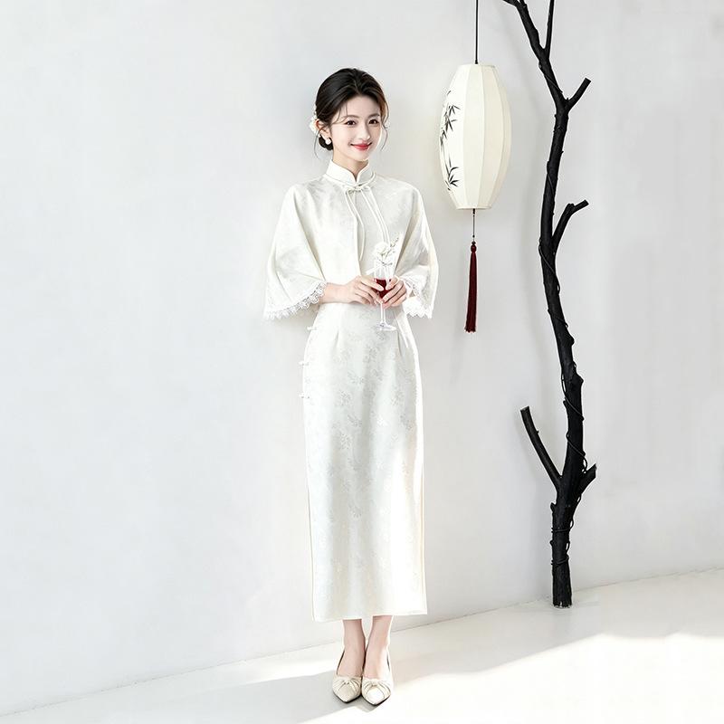 Si Teng white lace national style new Chinese style Suzhou long qipao, improved youth women's high-end shawl set