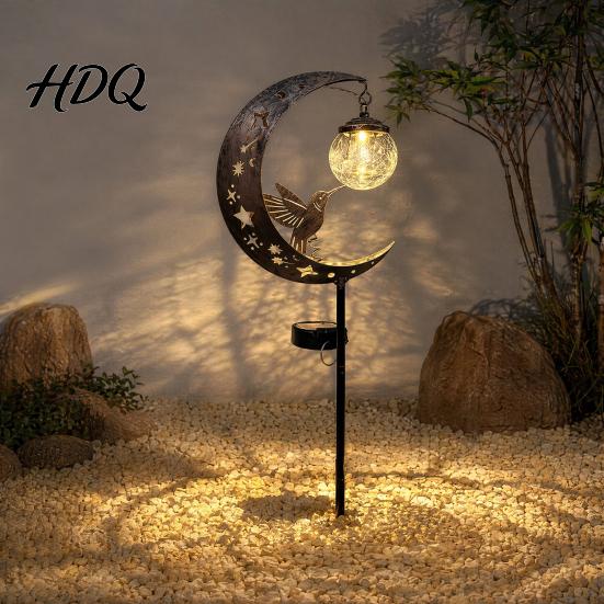 Lawn Solar Lights Moon And Hummingbird Garden Light Outdoor Cracked Glass Ball Stake Decorative Lamp for Yard Waterproof Automatic LED Lighting