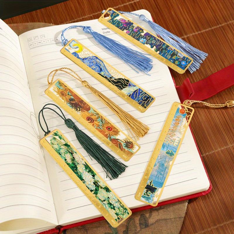 6PCS/SET Retro Oil Painting Metal Hollow Flower Bookmark - Students Literary Brass Ruler Bookmark School Holiday Gift