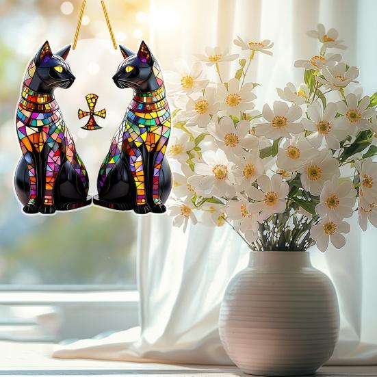 Yousheng Black Cat Sun Catcher 2D Acrylic Hanging Decoration Stained Glass Style Multicolor Cat Decoration for Room Window Balcony