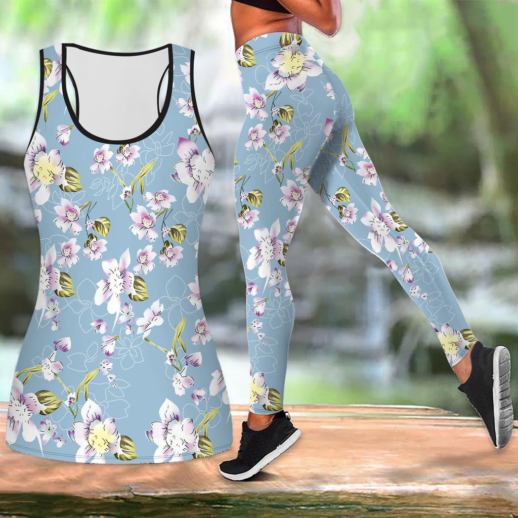 Flowers and Green Leaves Print Yoga Outfit for Women Fashion Workout Leggings Fitness Sports Casual Yoga Set Sports Suit