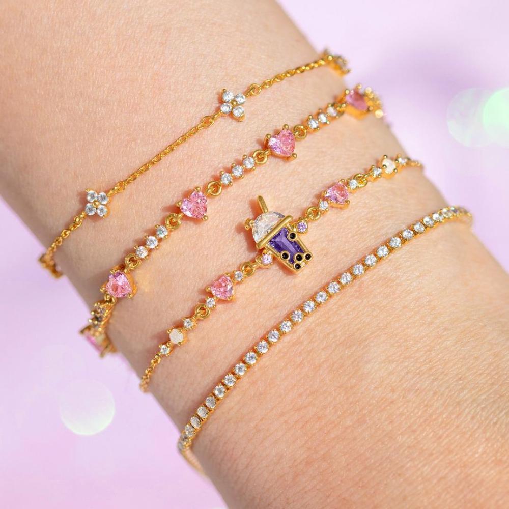 Nuovo Bracciale alla Moda Y2K Raffinato Rosa Dolce Zircone Fiocco Cuore d'Amore Catena per Donne Ragazze Festa Regalo di Compleanno Gioielli