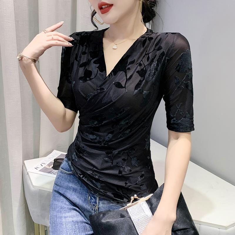 

Европейское лето 2022 Облегающая женская футболка с V-образным вырезом, жаккардовым узором и рукавами средней длины 2XL чёрный