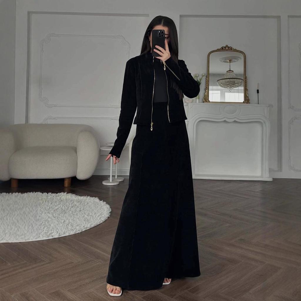 2025 Autumn Women's Suede A-line Woolen Dress with Zipper - Fashionable Long Sleeve Office Wear