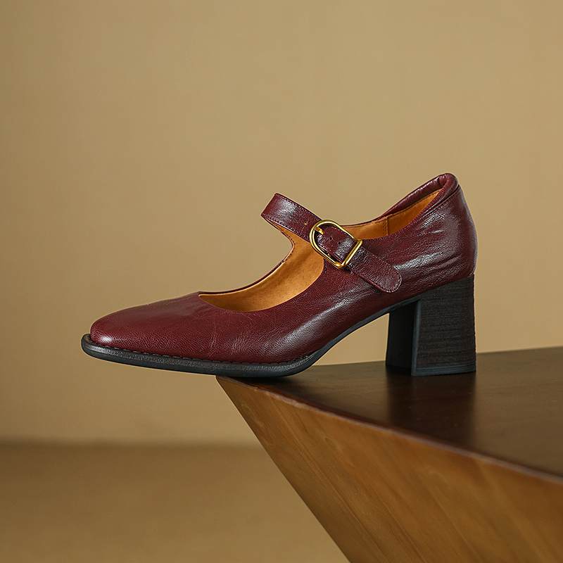 Krazing Pot Sheepskin Fashion Summer Spring Autumn Thick High Heels Metal Buckle Women  European Design Square Toe Pumps