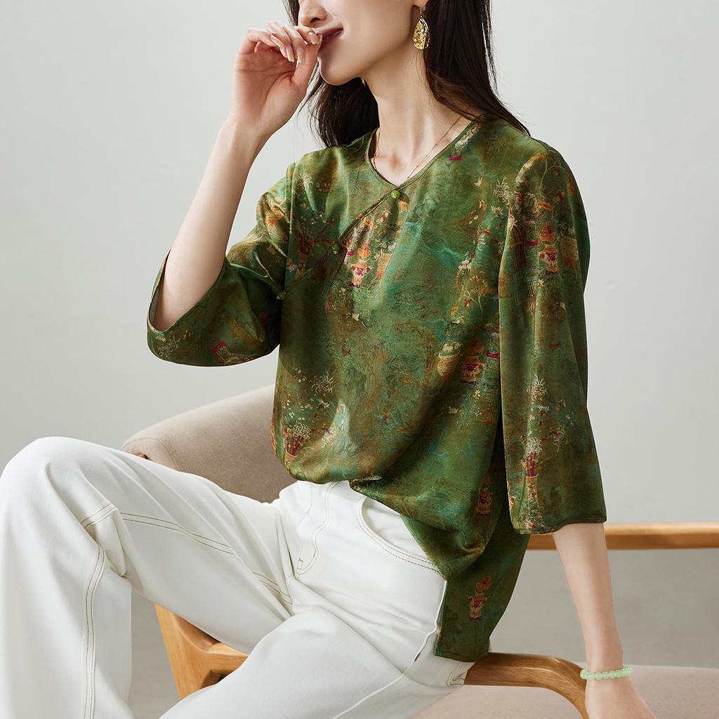 New Chinese style printed seven quarter sleeved shirt for women, 2026 spring temperament, versatile commuting loose top