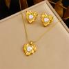 Vintage Heart Fan Shape Blue Turquoise Pearl Drop Earrings Necklace Set with Fashion Gold Accents