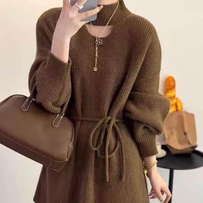 Sweater for Women Autumn Winter Thickened Tapered Waist Warm Knitted Stretchy Long Sleeve High-neck Oversize Tops