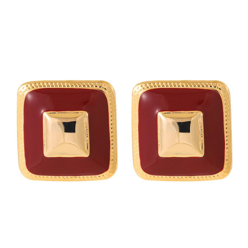 French Retro Personalized Small Fragrant Enamel Drip Glaze Geometric Square Stud Earrings Simple and Exquisite Commuter Daily Earrings