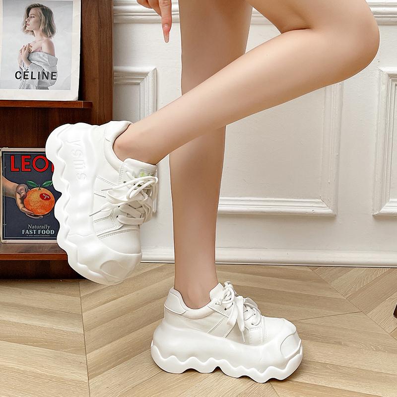 Fashion 2025 Women Thick Leather Chunky New Autumn Hidden Heels Casual Sport Dad Shoes 8.5CM Thick Sole Platform Sneaker Woman