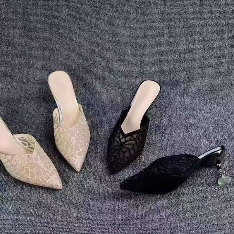 Rhinestone baotou half slippers women's thin heels summer new high heels crystal heel hollowed out without heel
