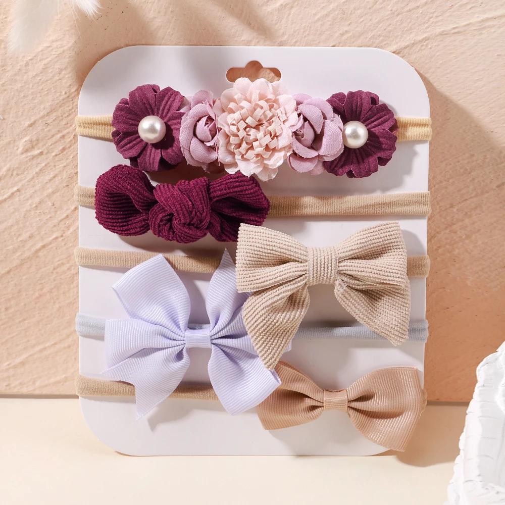 5Pcs/lot Baby Elastic Nylon Headband Newborn Sweet Flower Lace Bow Hair Bands for Babe Infant Toddler Soft Girl Hair Accessories