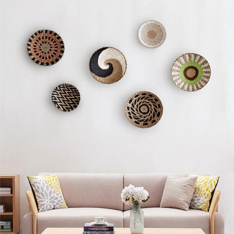 24TE Nordic Straw Woven Wall Decor Round Plate for Creative Wall Decor Ornament for Home Bedroom Living Room Decoration Hanging