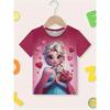 Disney Prinzessin Elsa Mädchen Süßes 3D-gedrucktes Kurzarm-T-Shirt - Rosa Herz und Rosenmuster, Lässiges Sommer-Oberteil