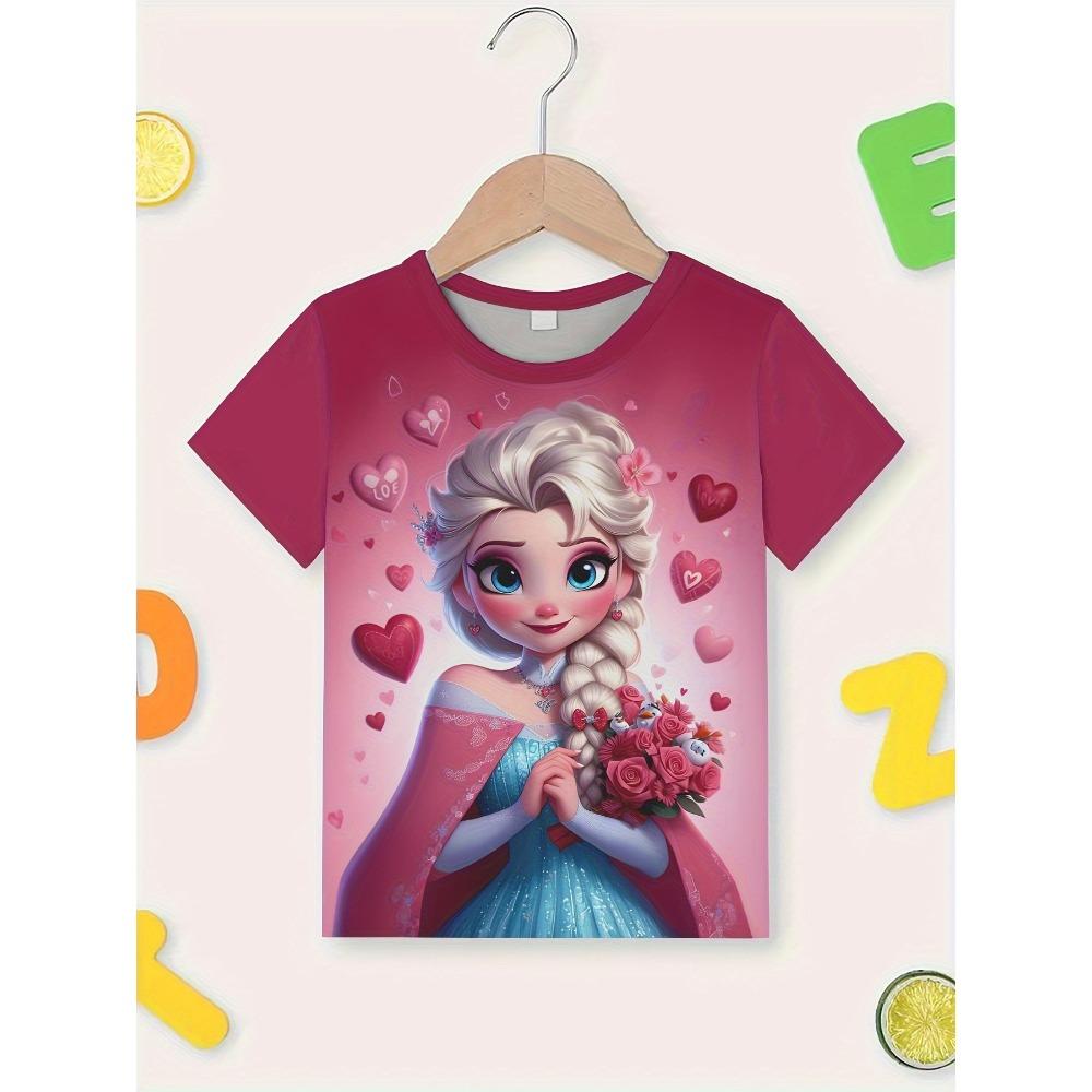Disney Prinzessin Elsa Mädchen Süßes 3D-gedrucktes Kurzarm-T-Shirt - Rosa Herz und Rosenmuster, Lässiges Sommer-Oberteil