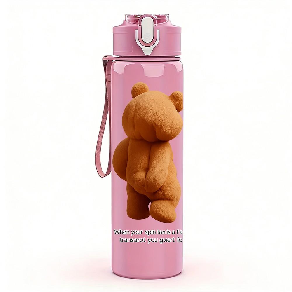 1PC Simple Teddy Bear Figure 750ml Color Plastic Sports Water Bottle Leakproof Flip Straw Lid Suitable for Sports Office Home Use