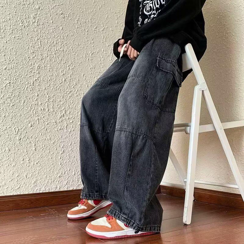 Men/Women Oversized Cargo Pants Vintage Drawstring Multiple Pockets Elastic Waist Solid Color Baggy Denim Pants Wide Leg Trouser