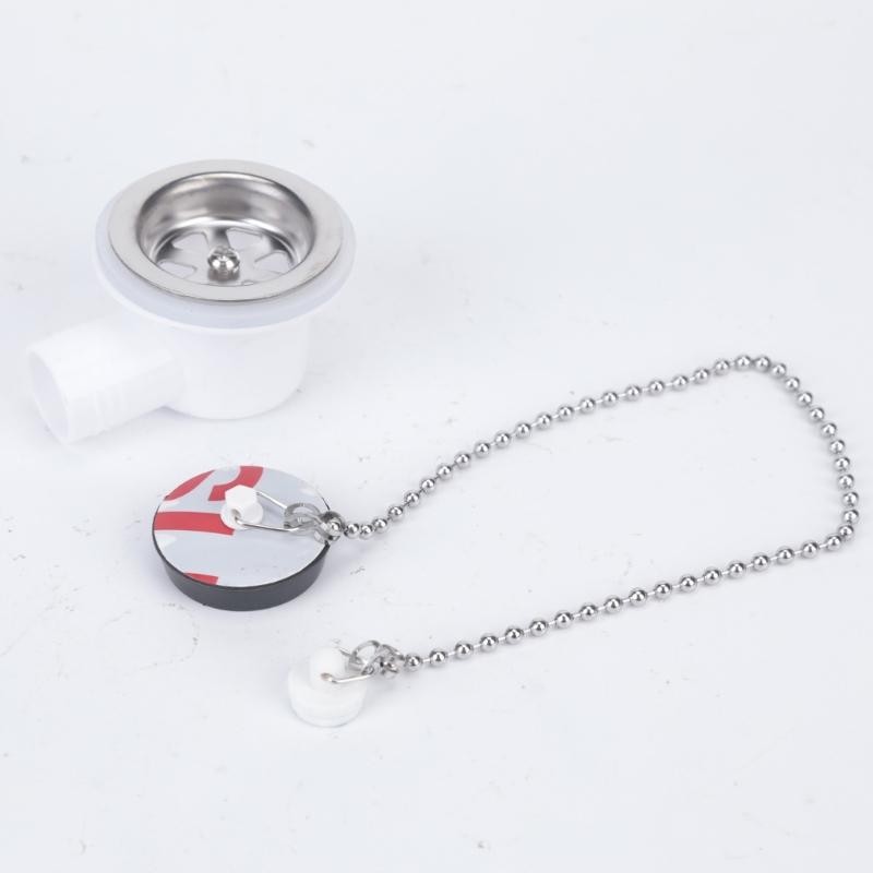 Sink Drain Assembly for Trailer and Boat Use, Angled Side Outlet Drain Fitting with Cap Chain, Plastic Body and Stainless Trim for Sink Repair
