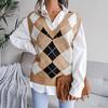 Sleeveless V Neck Knitted Vest Sweater Women Pullover Top Diamond Patchwork Stitching Jumper Spring Fall Sizes S To L
