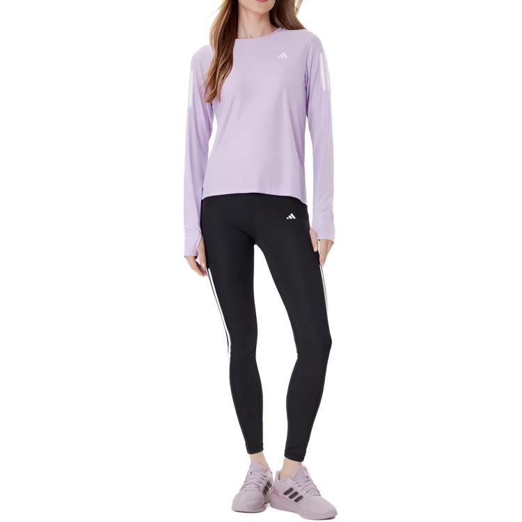 Adidas Striped Round Neck Long Sleeve Pullover T-Shirt Women Tops Pink Plum JW9670
