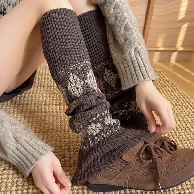Autumn And Winter Wool Stacking Socks Cover With Snow Boots Good Slim Diamond Socks Cover Retro Maillard Leg Cover