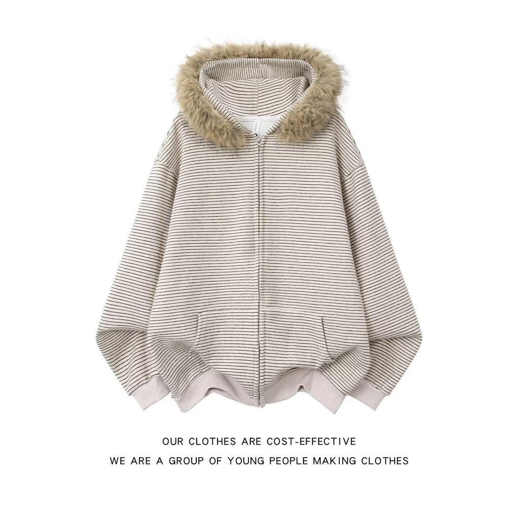 Retro Striped Hoodie Cardigan & Straight-Leg Sweatpants Set – Trendy Unisex Spring Sportswear