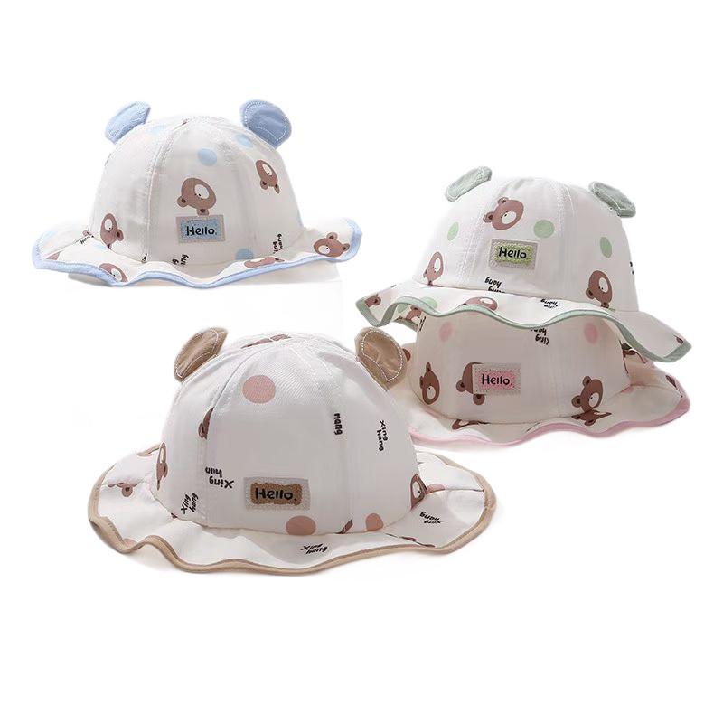 Kids Sun Hat With Large Brim Cotton Cartoon Bear Pattern For Baby Sun Protection