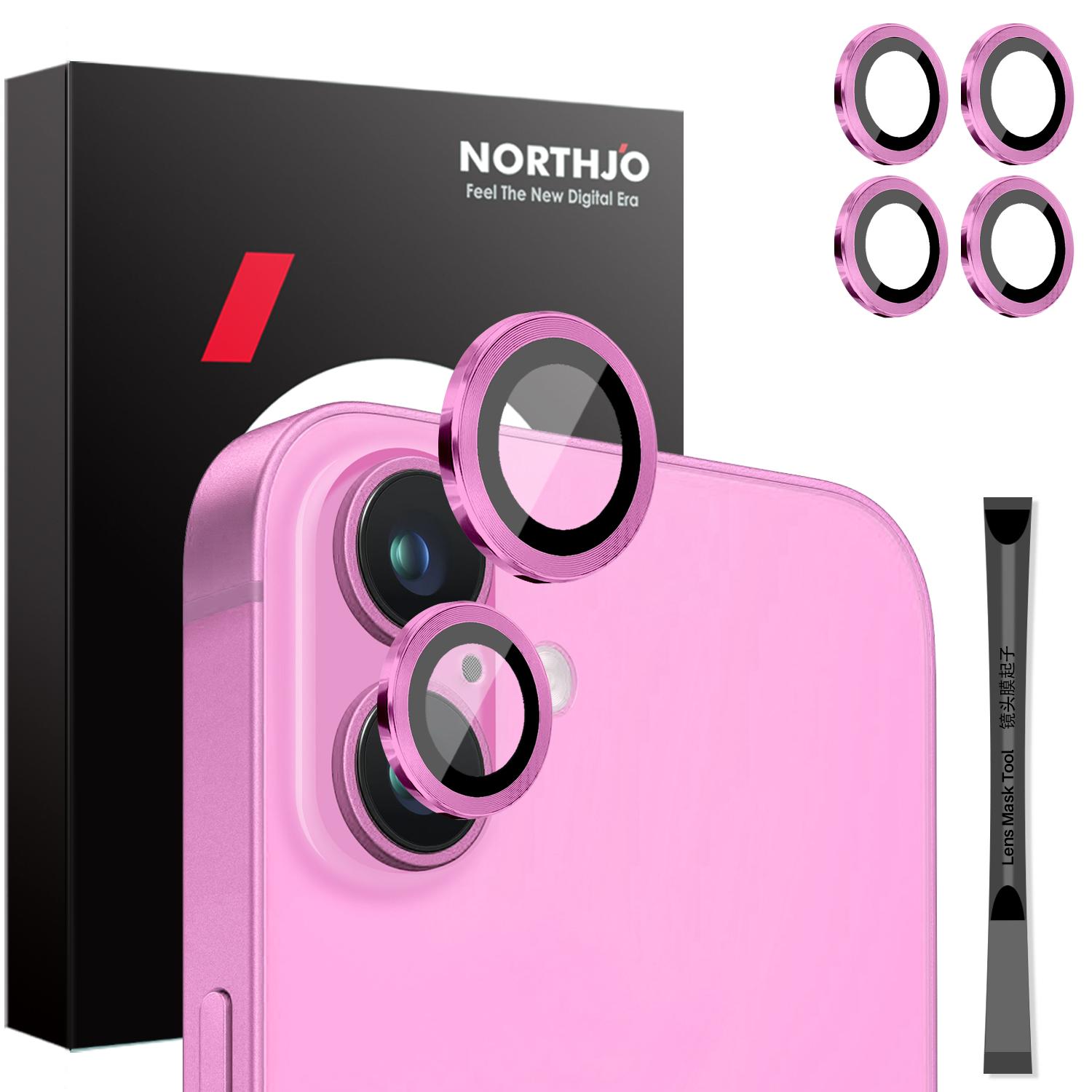 

NORTHJO 2 Sets for iPhone 16/16 Plus Camera Lens Protector CD Veins Metal Ring Tempered Glass Lens Guard Rose