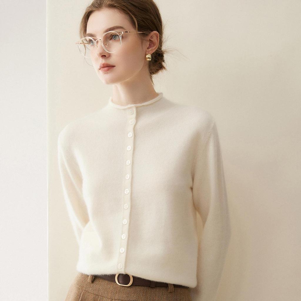 100% Pure Cashmere Buttoned Cardigan - Autumn/Winter Loose Half-High Collar Short Sweater