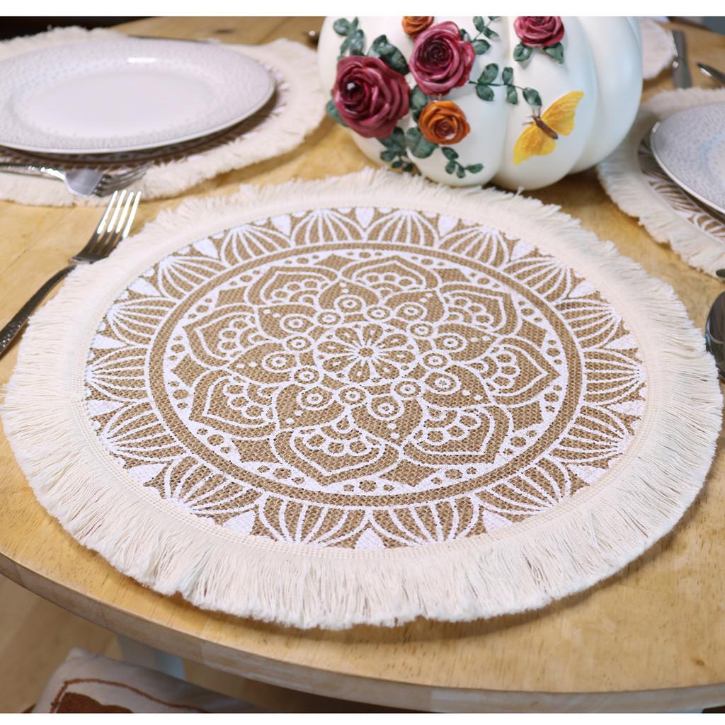 Sottopiatti Rotondi in Juta Naturale con Motivo Floreale Ecologico Vintage Decorazione da Pranzo per Uso Domestico