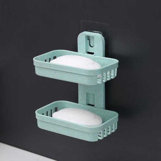 Soap Rack Multifunctional Punch-free Hollow Design Wall-mounted Double-deck Drainage Soap Storage Holder for Bathroom
