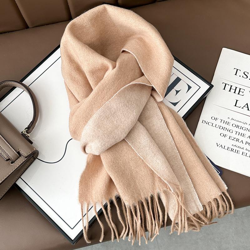 Gradual change color pure scarf women's winter versatile tassel long double-sided color large shawl dual-purpose new