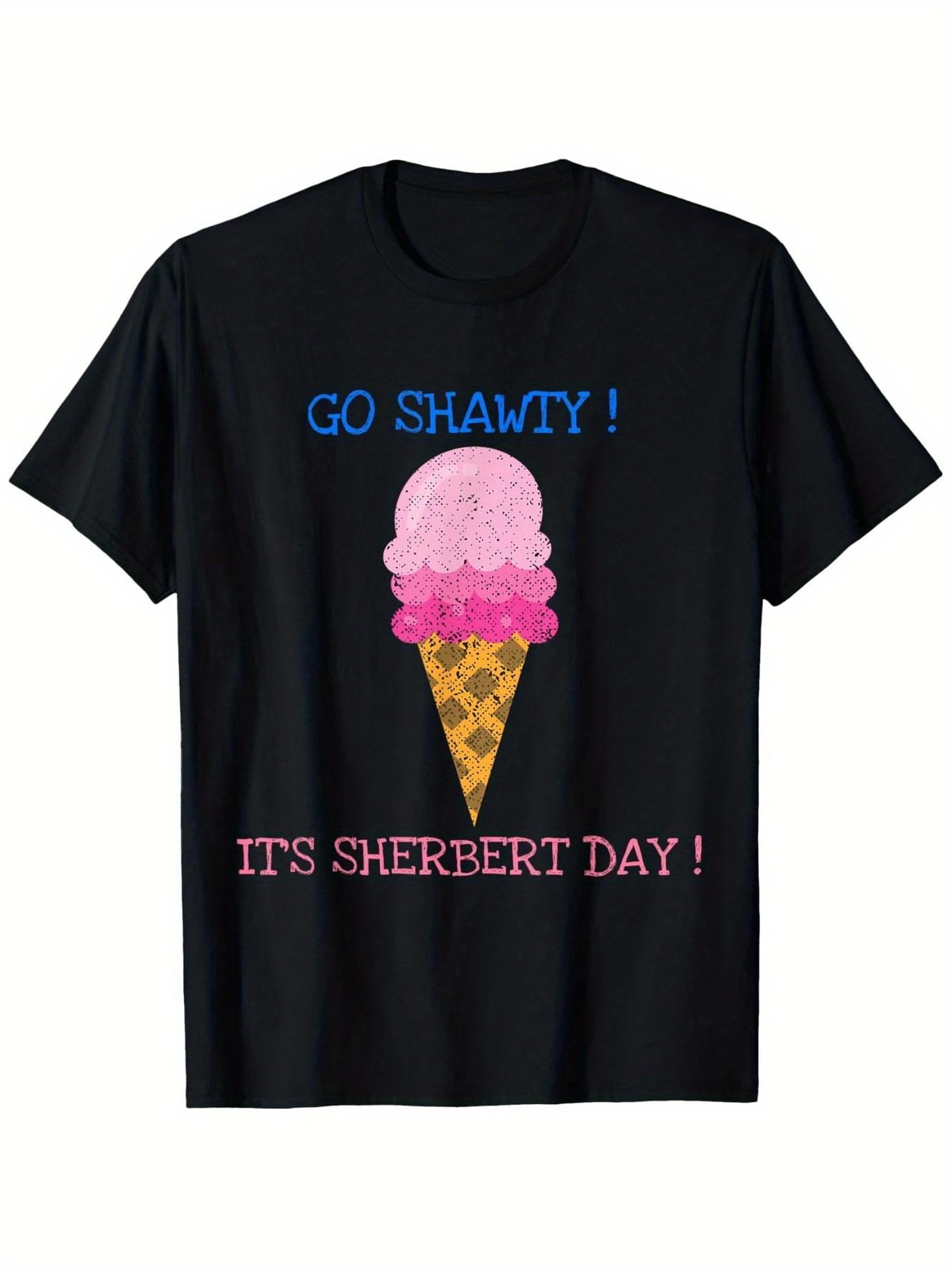 Men S Funny Go Shawty It S Sherbert Day Graphic T-Shirt | Black with Pink Ice Cream Cone Design - Lightweight 180gsm, Crew Neck, Short Sleeve, Casual S разноцветный