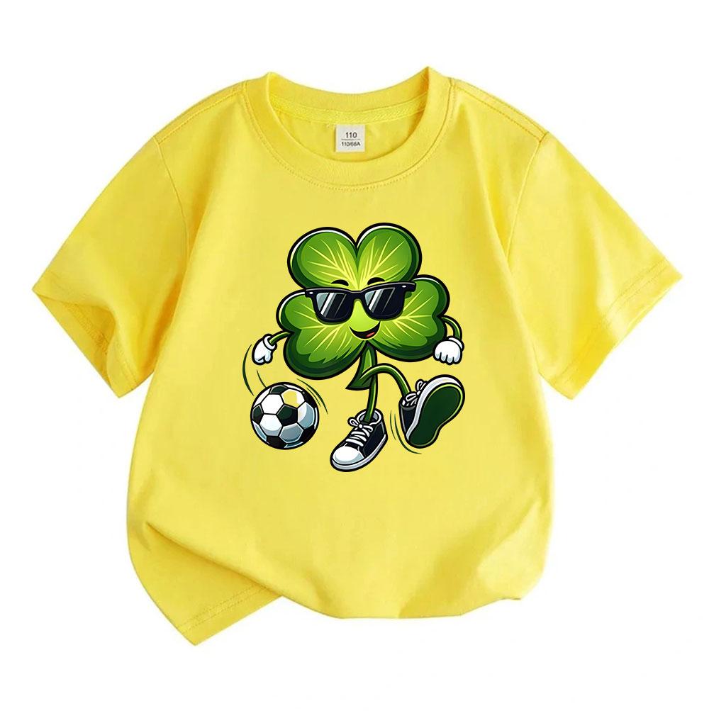 Kids Boys Girls 100% Cotton Crew Neck Short Sleeve T-Shirt, Cool Four Leaf Clover Sunglasses Soccer St Patricks Day Cartoon Print Casual Cute Sport Te
