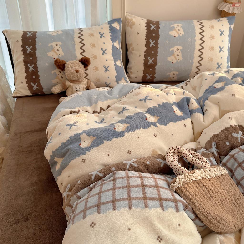 Cartoon Cute Double-Sided Fleece Thickened Milk Fleece Four-Piece Set, Student Dormitory Three-Piece Set, Bedding