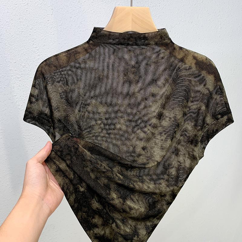 Flocking Mesh Base Shirt for Women New Women's Temperament Half-high Neck Printed T-shirt Perspective Top