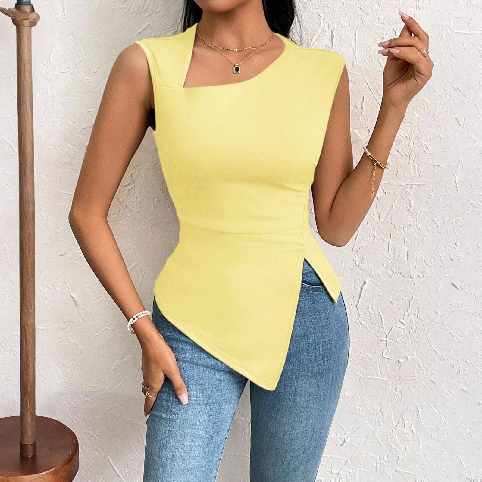 

Женская летняя элегантная модная футболка с косым вырезом и коротким рукавом, однотонный топ XL жёлтый