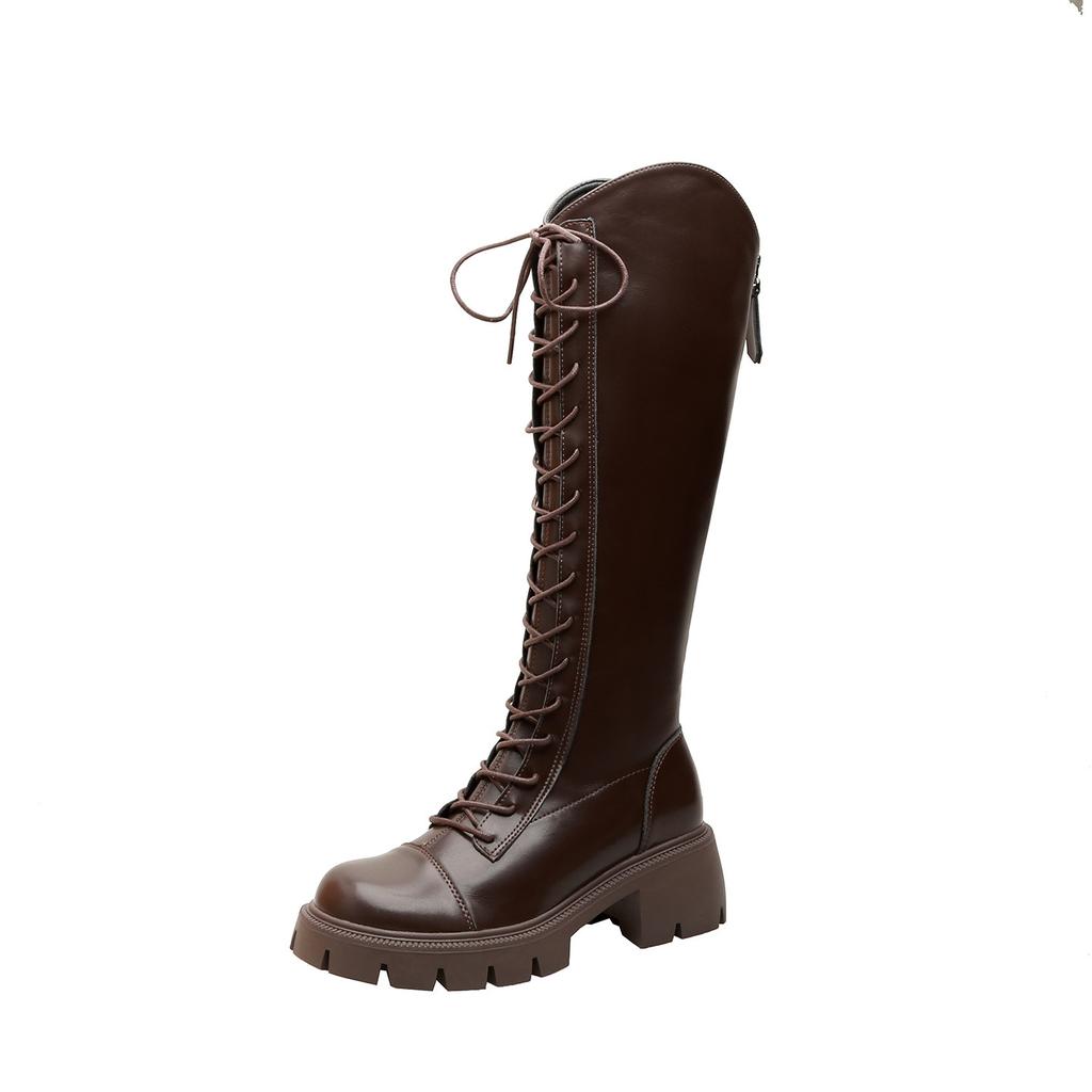 Cowhide~ Leather Boots Women's 2025 New Autumn and Winter Lace-up Skinny Boots Thick-soled Knight Boots Long Boots High Boots