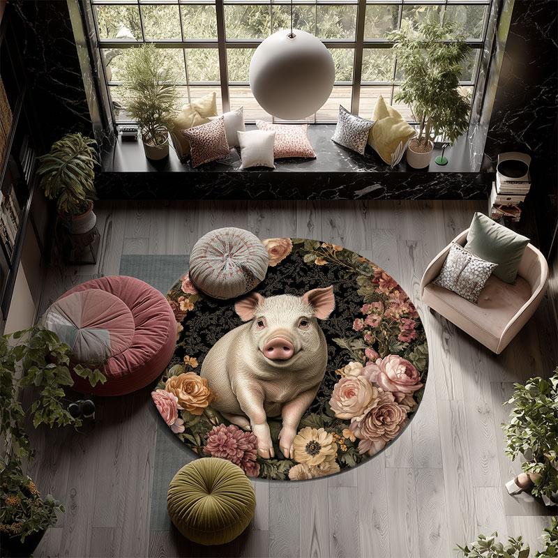 Pigs, Foxes, Rabbits & Llamas pattern round rug,Carpet Rug for Living Room Bedroom Playroom ,Non-slip Floor Mat,Holiday Gifts and Birthday Gifts.