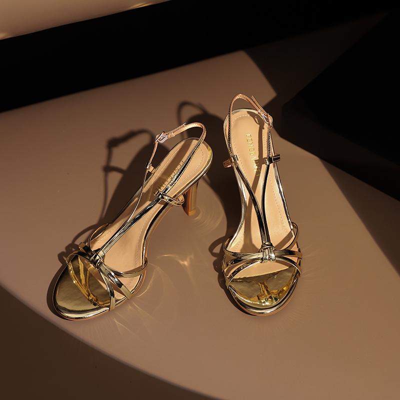 Fashion 2025 Gold High Heels Women Summer New Line With Thin With Silver Temperament Lady Style Strappy Sandals