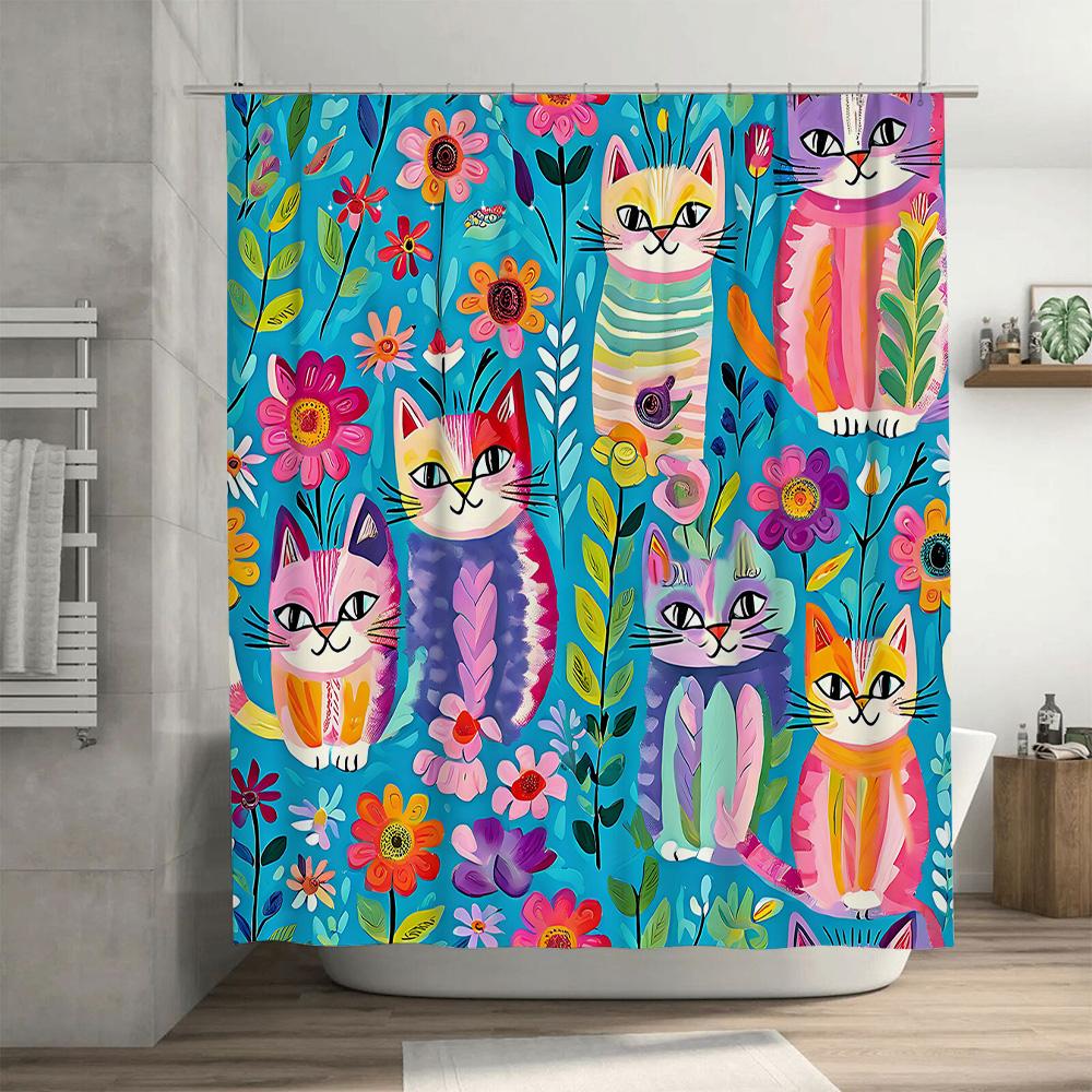 Colorful Cat Shower Curtain Blue Floral Pattern for Bathroom Decor Polyester Fabric 180x245cm Buy on .com