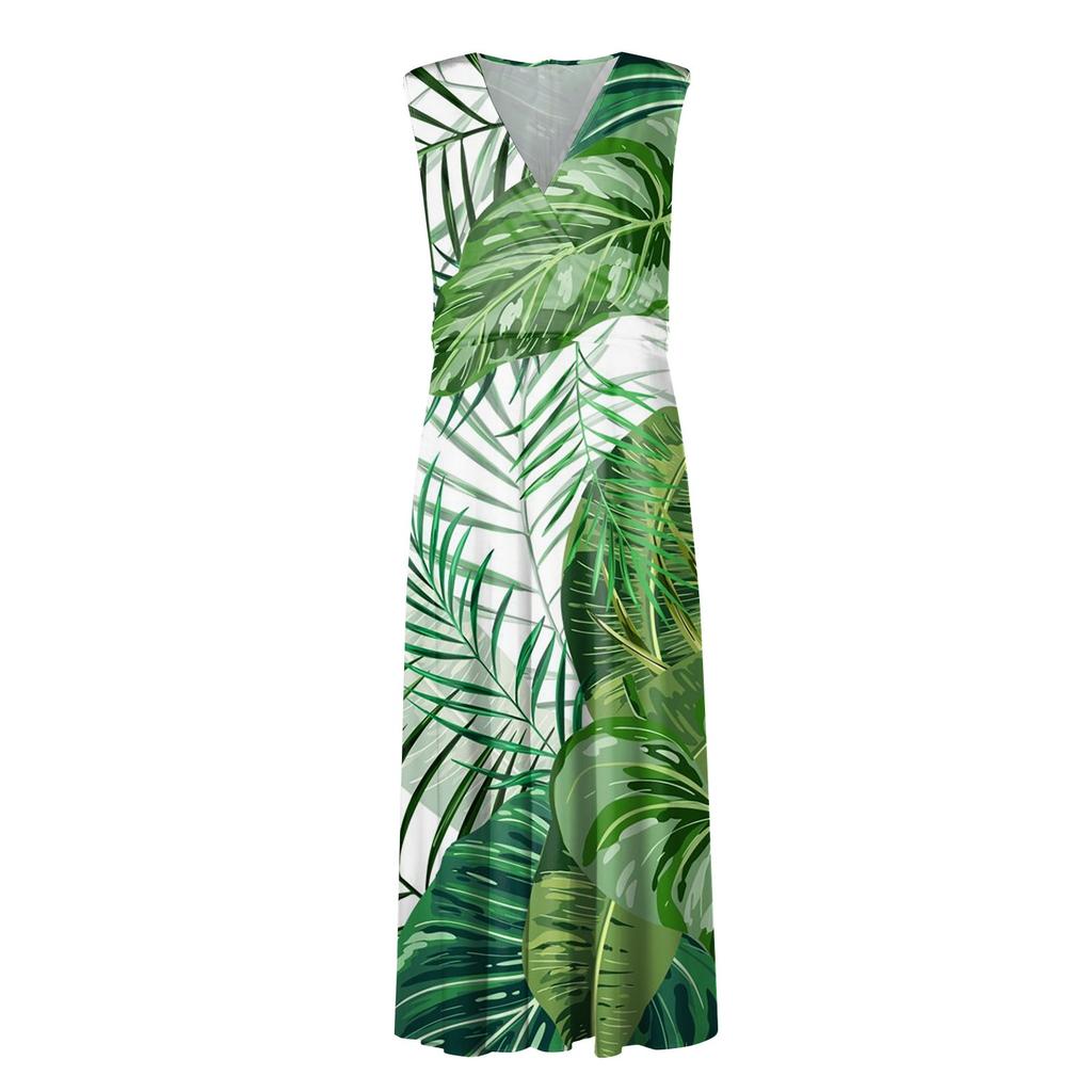 Women's Summer Fashion Hawaiian Print V-Neck Sleeveless Tunic Casual Dresses