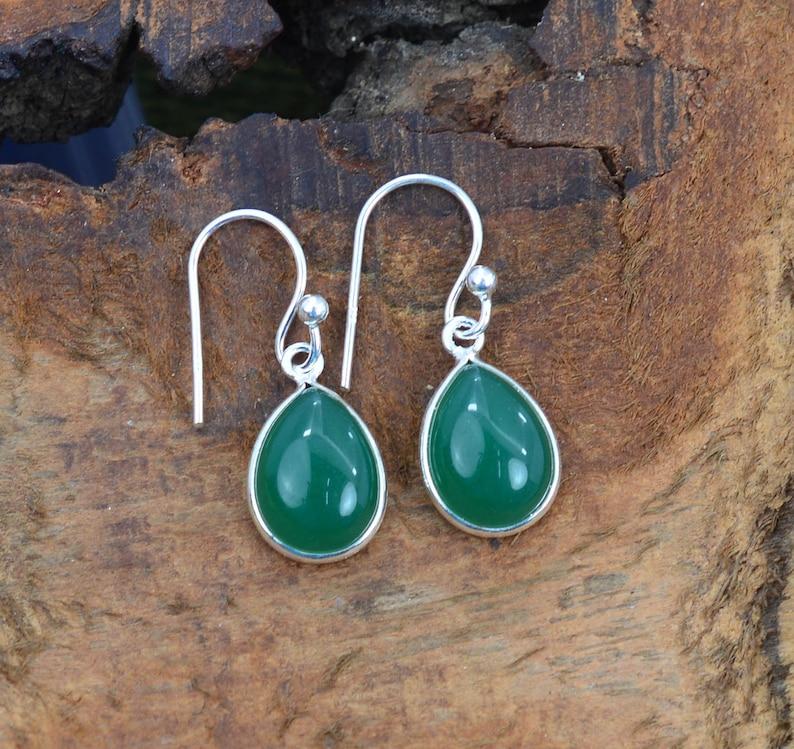 Solid 925 Sterling Silver Green Onyx Pear Cabochon Gemstone Handmade Dangle Earring Boho Jewelry