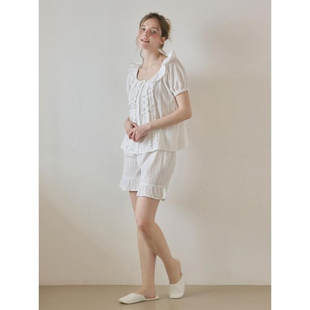 Lunaluz Women Cotton Frill Collar Short Sleeve Two Piece Pajamas