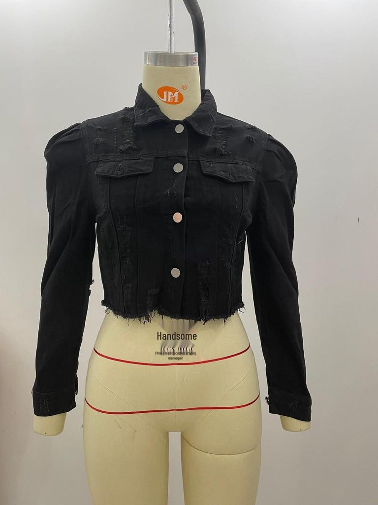 Dámská roztrhaná džínová bunda s nabíranými rukávy