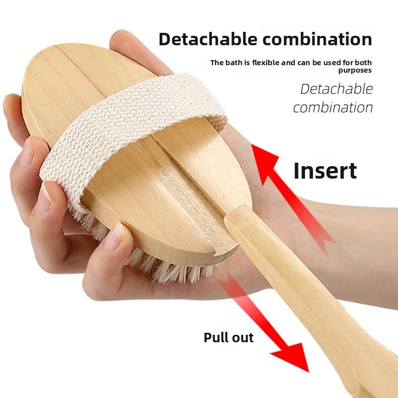 Perie de baie cu mâner lung din lemn pentru masaj, detașabilă, perie cu peri, păr moale, pentru frecat spatele, perie de baie