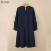 ZANZEA Women Casual Round Neck Summer 3/4 Sleeve Pleated Dress